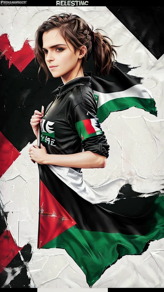 realistic,highres,reality,creative,huge filesize, Palestine flag a Emma Watson wearing a black shirt with a palestine flag,free palestine real:2,8k, hyper detailed, cinematic lighting, trending on Artstation