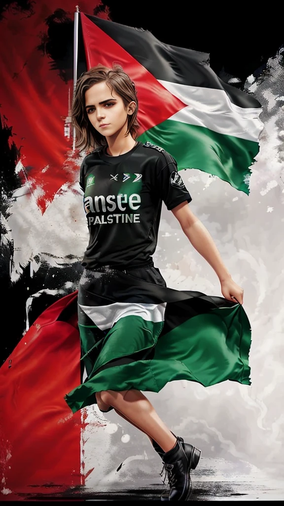 realistic,highres,reality,creative,huge filesize, Palestine flag a Emma Watson wearing a black shirt with a palestine flag,free palestine real:2,8k, hyper detailed, cinematic lighting, trending on Artstation