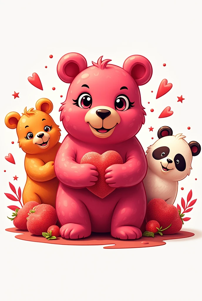 Create me a pink and red logo of spicy gummy bears with llamas and a gummy bear panda bear 