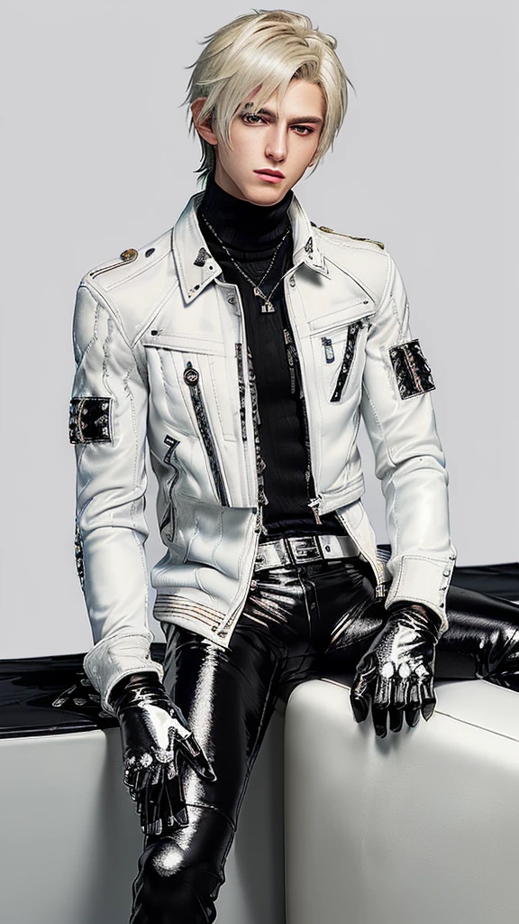 Final fantasy taste and reality graphics, ((Japanese young cute and cool ikemen  boy)), his age is early 20s, thin eyebrows and beady eyes,  (((he wearing off white color single-brest leather jacket and with epaulet))), ((leather jacket is close all zippers)) , ((jacket collar is high length)), ((jacket is stand-up collar with belts)),((jacket is single-brest and  simple design)), ((also wearing black thick turtleneck polyester shirts)), put on tight black leather pants, (((put on shiny black leather glove,covers full finger))), black leather knee-high raceup boots, head-to-toe,whole body, boy looks like fashion model,hair is black