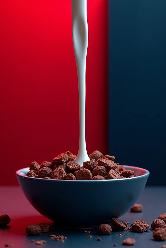 It shows a crunchy cereal with only chocolate flakes and milk falling into a bowl on a red and dark blue background:0.8