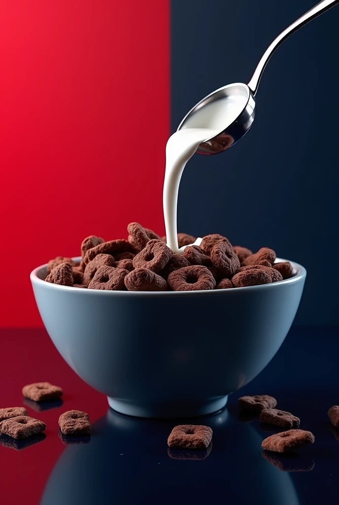 It shows a crunchy cereal with only chocolate flakes and milk falling into a bowl on a red and dark blue background:0.8