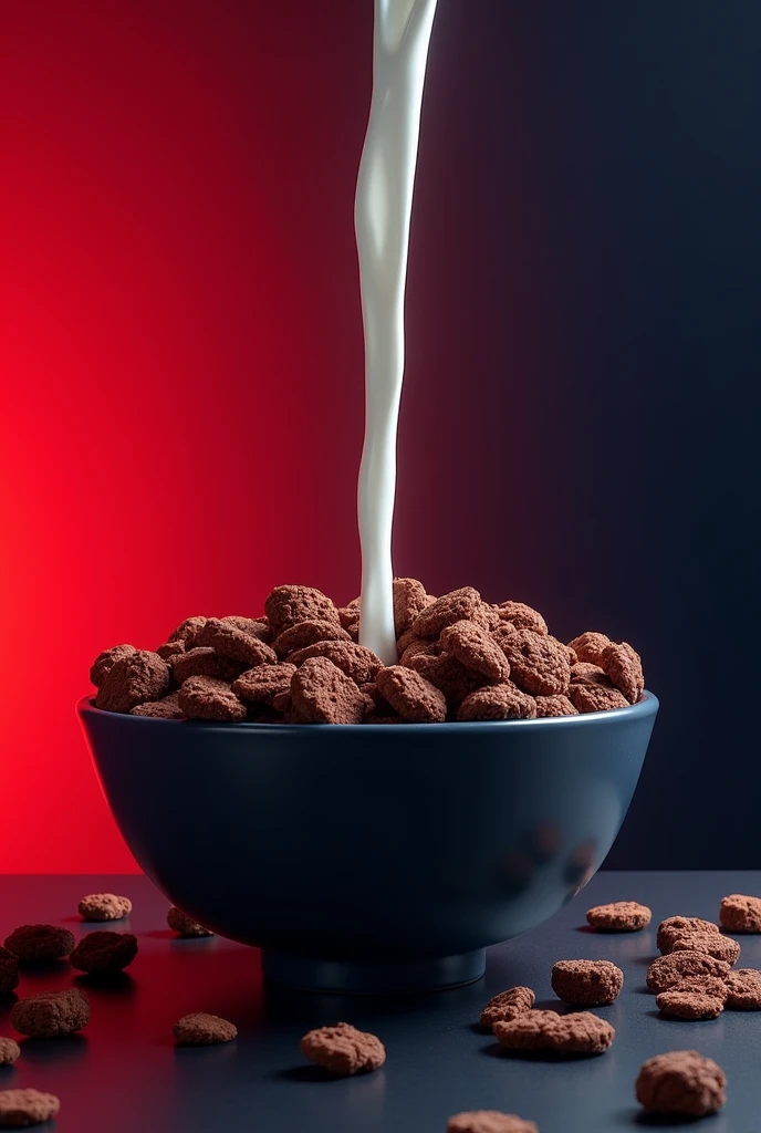 It shows a crunchy cereal with only chocolate flakes and milk falling into a bowl on a red and dark blue background:0.8