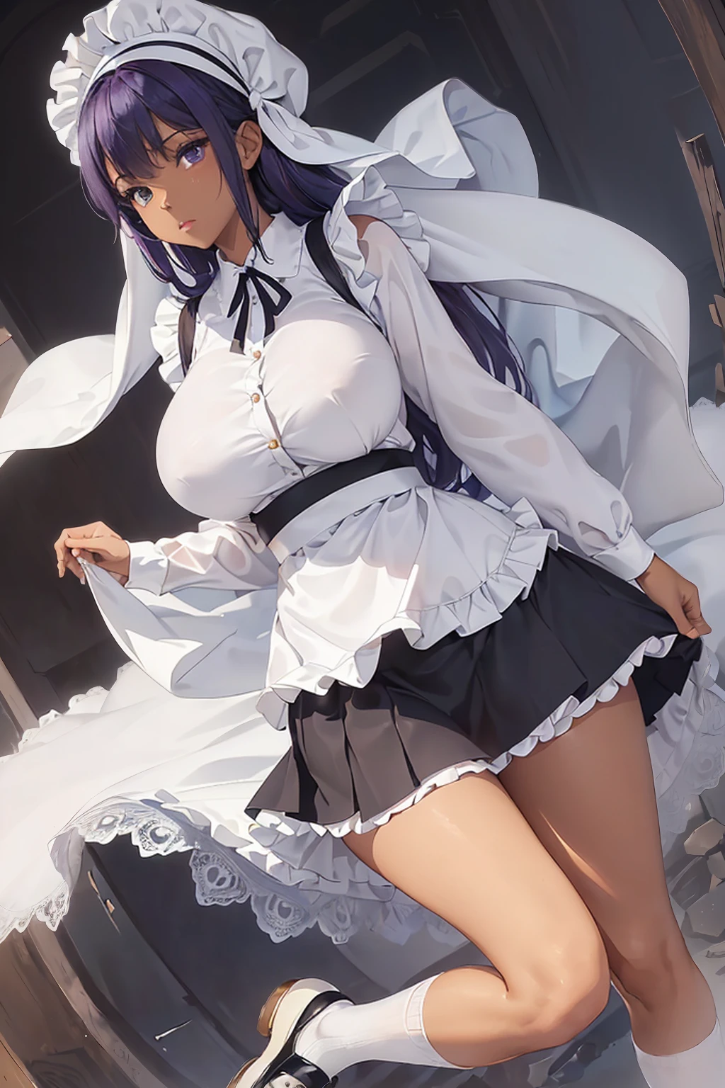 (girl1),(woman1),(Solo portrait of a girl:1,5),(slender body),(structured),(hot),(mature and sexual body),(big ass), (mature and sexual body ), (slender body), (physical attributes such as large breasts and ass), (anime), (Dark Skin Color:1.5), (super mega hyper gigantic breasts: 1.5), (Long purple hair), (Purple eyes ),(an 16 year old woman, with white socks),(wearing),+,(* **Dress:** Generally knee-length or below, with a cut that emphasizes the waist. * **Sleeves:** Long or short, and may have cuffs with details such as ruffles or lace. * **Apron:** An additional piece, usually with ruffles at the bottom and tied at the waist. * **Collar:** Rigid or soft, often with details such as lace or ribbons. * **Beanie or cap:** A head accessory that can vary in style, from the simplest to the most elaborate. * **Socks and shoes:** White socks and dark shoes (like oxford or mary jane) are common choices. **Fabrics:** * **Cotton:** As it is a breathable and resistant fabric, it is often used in work uniforms. * **Linen:** Another natural fabric, known for its durability and freshness. * **Lace:** Used for decorative details, such as on the collar, cuffs and apron. **Colors:** * **White:** The most common color, associated with cleanliness and purity. * **Black:** Often used for details such as bands, buttons and shoes, creating a contrast with white. **skirt** with a white bottom and a black top and a super short skirt that reaches the ass),(Super short skirt:1.5)