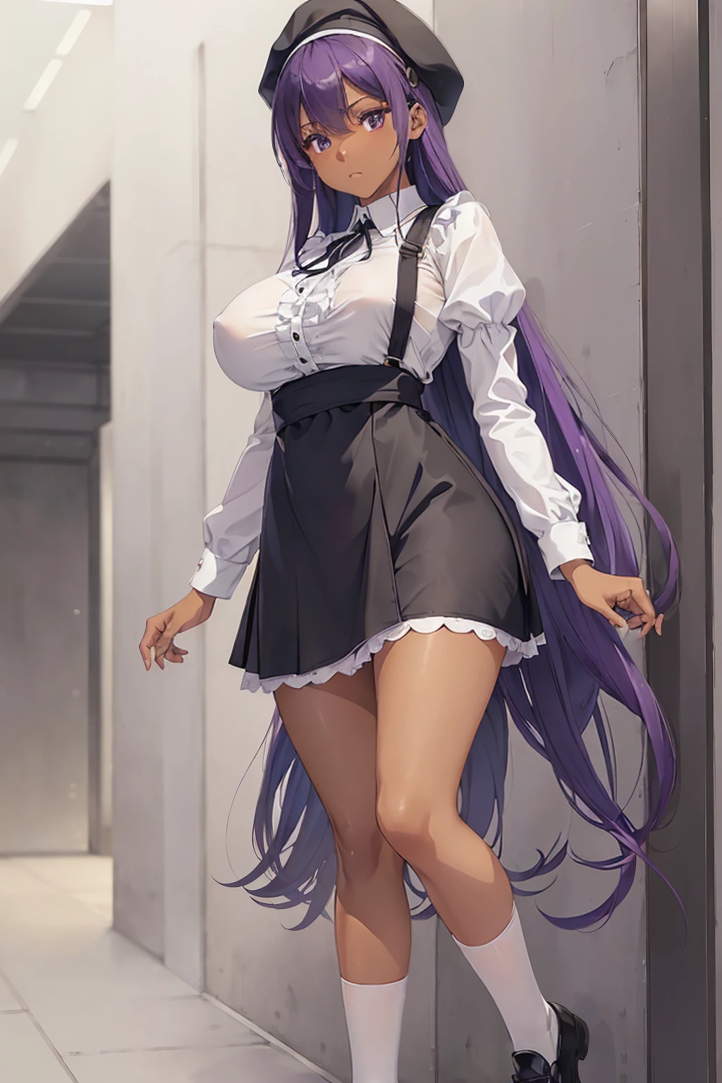 (girl1),(woman1),(Solo portrait of a girl:1,5),(slender body),(structured),(hot),(mature and sexual body),(big ass), (mature and sexual body ), (slender body), (physical attributes such as large breasts and ass), (anime), (Dark Skin Color:1.5), (super mega hyper gigantic breasts: 1.5), (Long purple hair), (Purple eyes ),(an 16 year old woman, with white socks),(wearing),+,(* **Dress:** Generally knee-length or below, with a cut that emphasizes the waist. * **Sleeves:** Long or short, and may have cuffs with details such as ruffles or lace. * **Apron:** An additional piece, usually with ruffles at the bottom and tied at the waist. * **Collar:** Rigid or soft, often with details such as lace or ribbons. * **Beanie or cap:** A head accessory that can vary in style, from the simplest to the most elaborate. * **Socks and shoes:** White socks and dark shoes (like oxford or mary jane) are common choices. **Fabrics:** * **Cotton:** As it is a breathable and resistant fabric, it is often used in work uniforms. * **Linen:** Another natural fabric, known for its durability and freshness. * **Lace:** Used for decorative details, such as on the collar, cuffs and apron. **Colors:** * **White:** The most common color, associated with cleanliness and purity. * **Black:** Often used for details such as bands, buttons and shoes, creating a contrast with white. **skirt** with a white bottom and a black top and a super short skirt that reaches the ass),(Super short skirt:1.5)