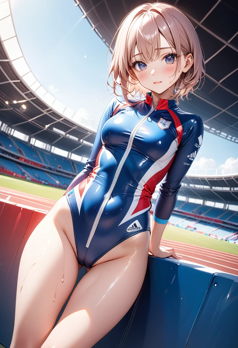 Women's Olympians,(((Player uniforms), (Shiny costumes))), (belly button), skindentation, skinny, alone, 1 female, masterpiece, Highest quality, Highest quality, 16K, Unbelievably absurd, Very detailed, 2.5D, AI-generated, delicate and dynamic, Very delicate look, Delicate eye depiction, erotic, only sexy woman, ((Cute and gentle face)), Healthy body shape, ((25-year-old woman)), Height: 160cm, Medium firmness and swaying bust, blush, Sweat,Embarrassing,sexy, ((Thin thighs)), (Camel Toe:0.7), (Nipples are visible:0.5), (Erect nipples,:0.7), Shiny, Facing directly at the viewer,  (((In the heat))), ((Oily_skin)), ((Dutch Angle)), ((erotic pose)), ((Wankeen)), Athletics stadium and Olympic venue on a sunny day,