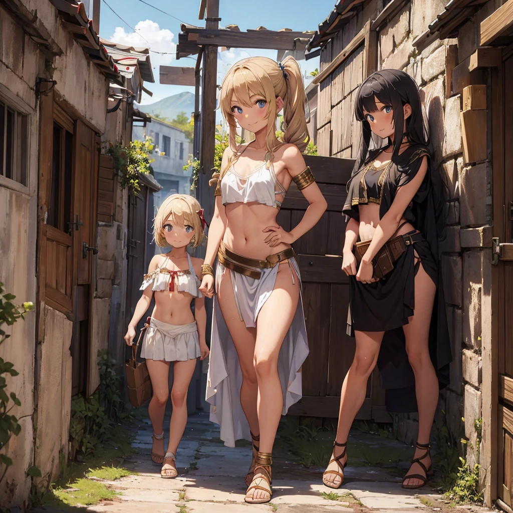 Greek warrior, girls in togas ,tanned skin, cover , ancient Greece, classical Greece , warrior woman, blonde hair ,teen girl , young girls, really young girls, young body, slim body, small chest , smile