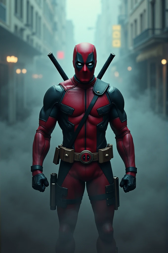 deadpool, detailed illustration, cinematic, coming out of a thick fog, facing the camera, highly detailed, hyper-realistic, 8k, masterpiece, professional, vivid colors, dramatic lighting, comic book style, intense expression, powerful pose, muscular body, wearing red and black costume, swords on back, gritty, moody, atmospheric
