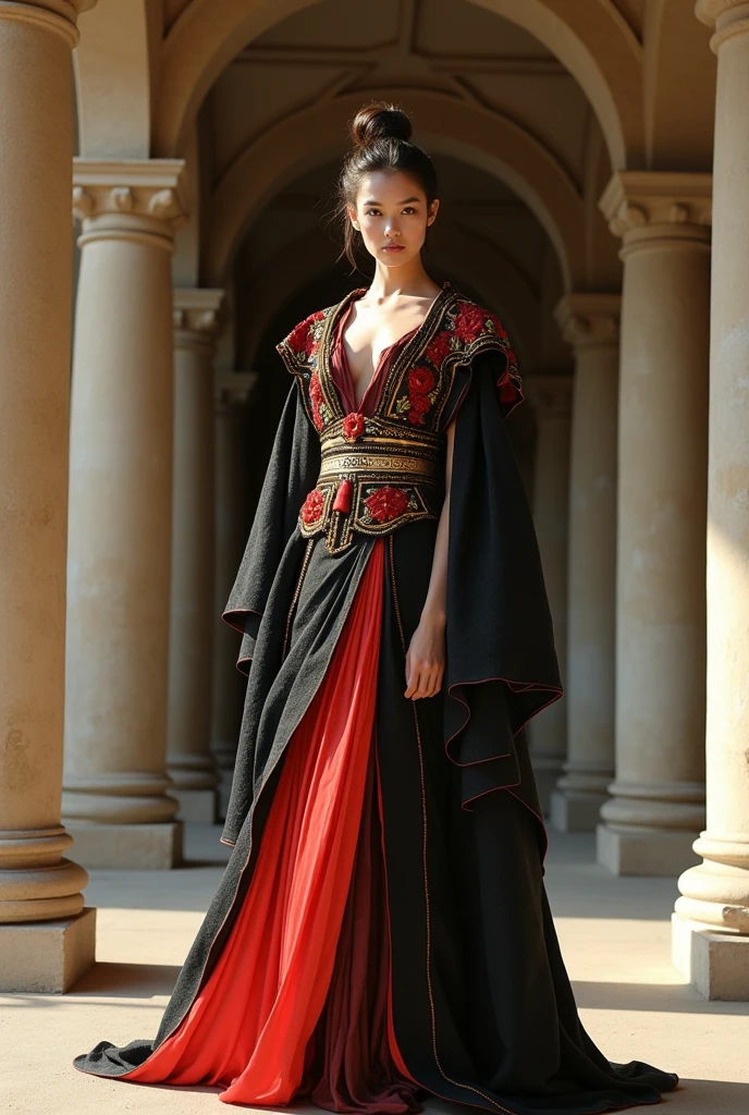 I want you to give me a haute couture garment for women that fuses Roman and Japanese culture, from head to toe back
