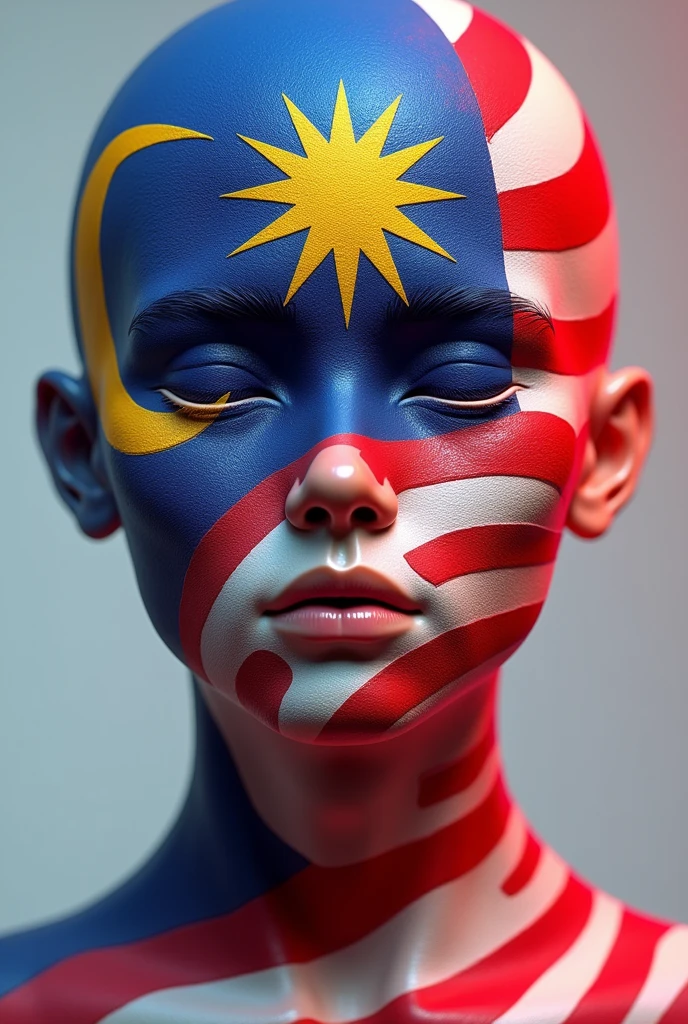 3d malaysian flag logo,repeated pattern,highly detailed,vibrant colors,realistic lighting,masterpiece,(best quality,4k,8k,highres,masterpiece:1.2),ultra-detailed,(realistic,photorealistic,photo-realistic:1.37),photorealistic,3D render,canvas,dynamic composition,studio lighting,physically-based rendering,extreme detail description,professional,vivid colors,bokeh. Human face underneath