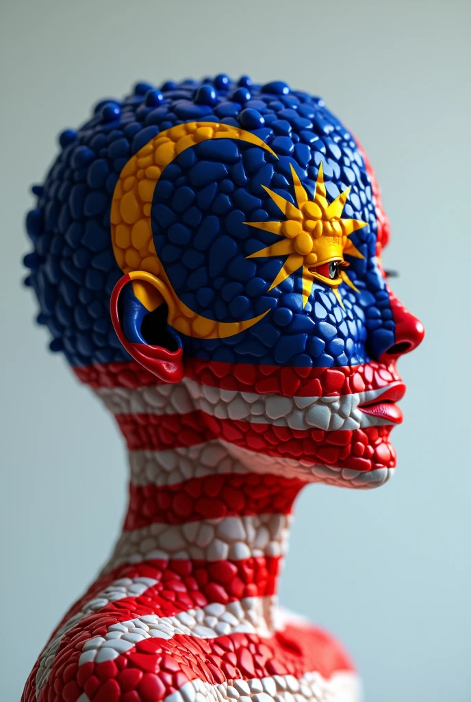 3d malaysian flag logo,repeated pattern,highly detailed,vibrant colors,realistic lighting,masterpiece,(best quality,4k,8k,highres,masterpiece:1.2),ultra-detailed,(realistic,photorealistic,photo-realistic:1.37),photorealistic,3D render,canvas,dynamic composition,studio lighting,physically-based rendering,extreme detail description,professional,vivid colors,bokeh. Human face underneath
