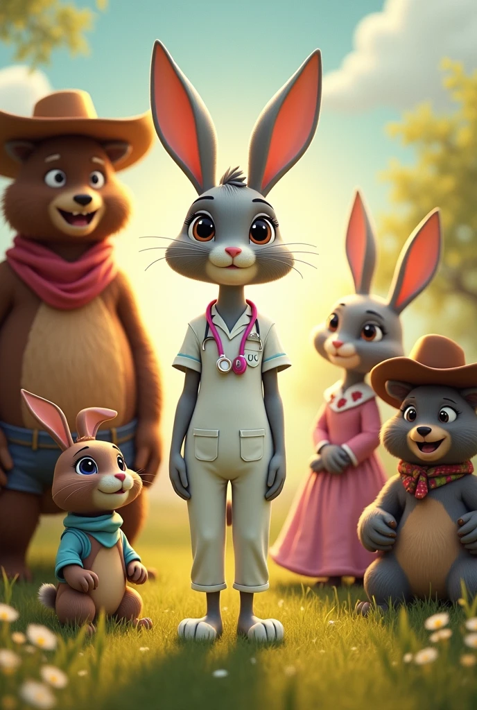 Tall TEENAGE female rabbit, GREY COLOR stop WITH nurse suit white pants and white blouse, A pink stethoscope hung from her neck.., clear brown eyes, IN A GRASSY LANDSCAPE, Disney , warm colors, Lt. Greg Rutkowski, by Alphonse Mucha.
Next to the rabbit is a tall brown bear with light eyes..., with cowboy clothes and hat. With a belt with the initial A.
Sitting on the floor is a female rabbit, with a rose-colored cowgirl outfit and a purple hat. Sitting next to a male bear dressed as a cowboy, a gray bear dressed as a cowboy. and a brown bull, with hat.