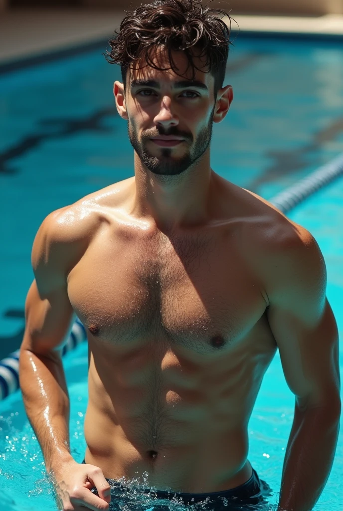 Swimming athlete in wet, transparent boxers showing hairy penis 