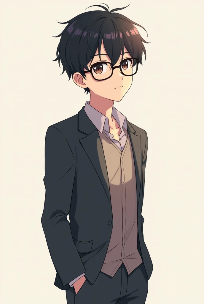 A 17 year old anime boy wearing black glasses stands 