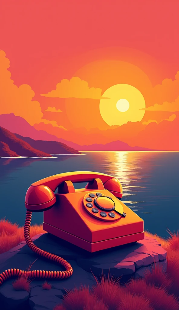 a Telephone near the ocean after sunset, in the style of orange and magenta, bold primary colors, warmcore, hikecore, reductionist form, uhd image, bold, colorful, large-scale
