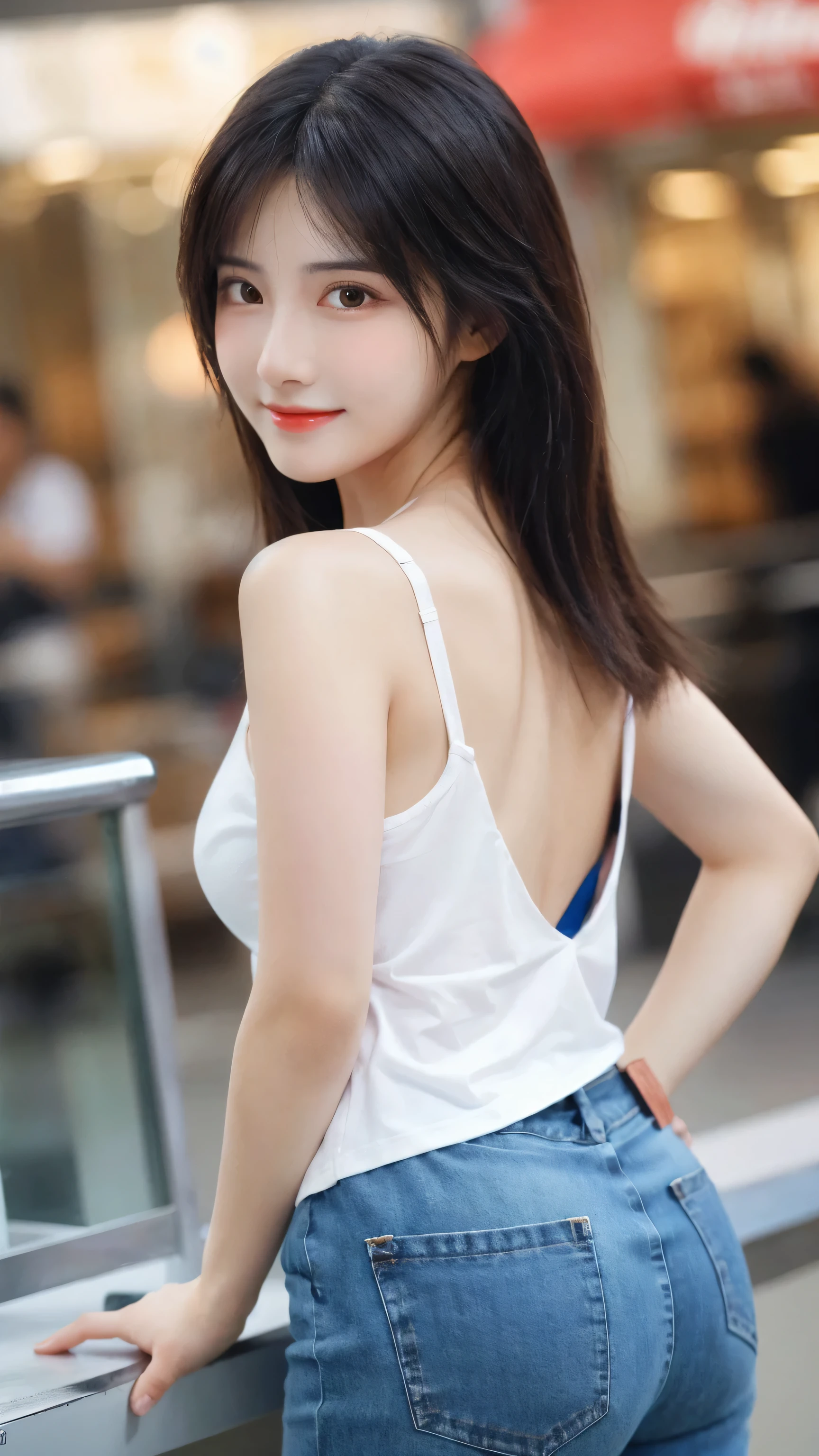 (8k, RAW Photo, Best Quality, Masterpiece:1.2), table top, Ultra Detail, Super Resolution, (Realistic, Realistic Photo:1.37), Portrait, High Detail RAW Color Photo, Professional Photo, Extremely Detailed and Beautiful, Extremely detailed, 8k wallpaper, amazing and detailed, huge file size, official art, highly detailed CG unity 8k wallpaper, highly detailed beautiful girl, highly detailed face, highly detailed eyes, highly detailed skin, highly detailed fingers, highly detailed nose, very detailed detailed mouth , perfect anatomy, highly detailed background, highly detailed clothes, 1girl, ,cute girl, realistic body, fair skin, glowing skin , slim body, handsome body, black hair , Semilong hair, (blunt bangs:1.2), smile, cute, youthful, cute face, realistic face, delicate eyes, drooping eyes, looking at viewer, (from behind), standing posture, Contraposto, dynamic lighting, (big breasts), (Perfect Body Proportions), (slender Body Proportions), tank top, jeans,