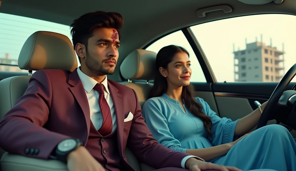 A boy and a girl were sitting inside a luxurious Mercedes class. The boy has a slight injury on his head. The boy is a 24 year-old handsome Indian boy, his name is Vicky. He is wearing a maroon coloured 3 piece suit. He is sitting on the driving seat. On the seat next to him is sitting a girl whose name is Shreyaa, she is also 2, she is wearing a sky blue frock and she is near an under construction building in the car. 