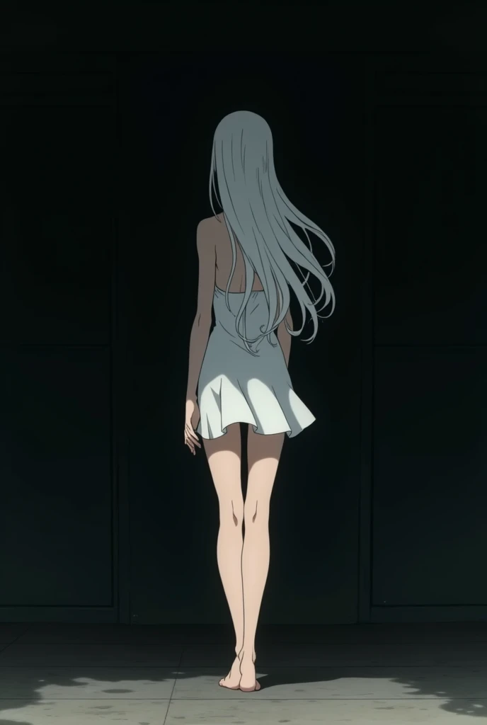 The image is in the style of a Ghibli studio anime., although somewhat gloomy and adult, It features a 20-year-old albino adult woman.. She is standing in front of a completely black wall, She has long hair and beautiful red eyes. She has a white dress that reaches her knees.. strong thighs. barefoot.