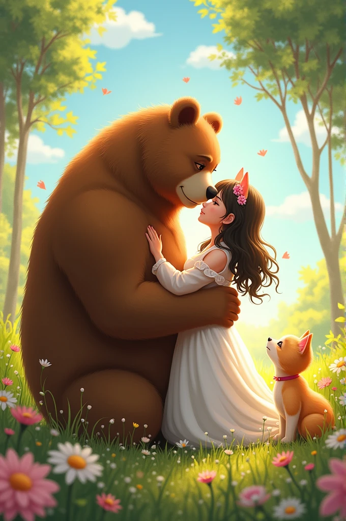 Create a photo of me and my girl, she is like a kitten for me, because she is very beautiful and kind, for she i am like a bear, for been tall and very sweet with her, do the art knowing that, make her and me together and do a art romantic, whit the represantion of the animal from both. Do a art more like a anime and realistic