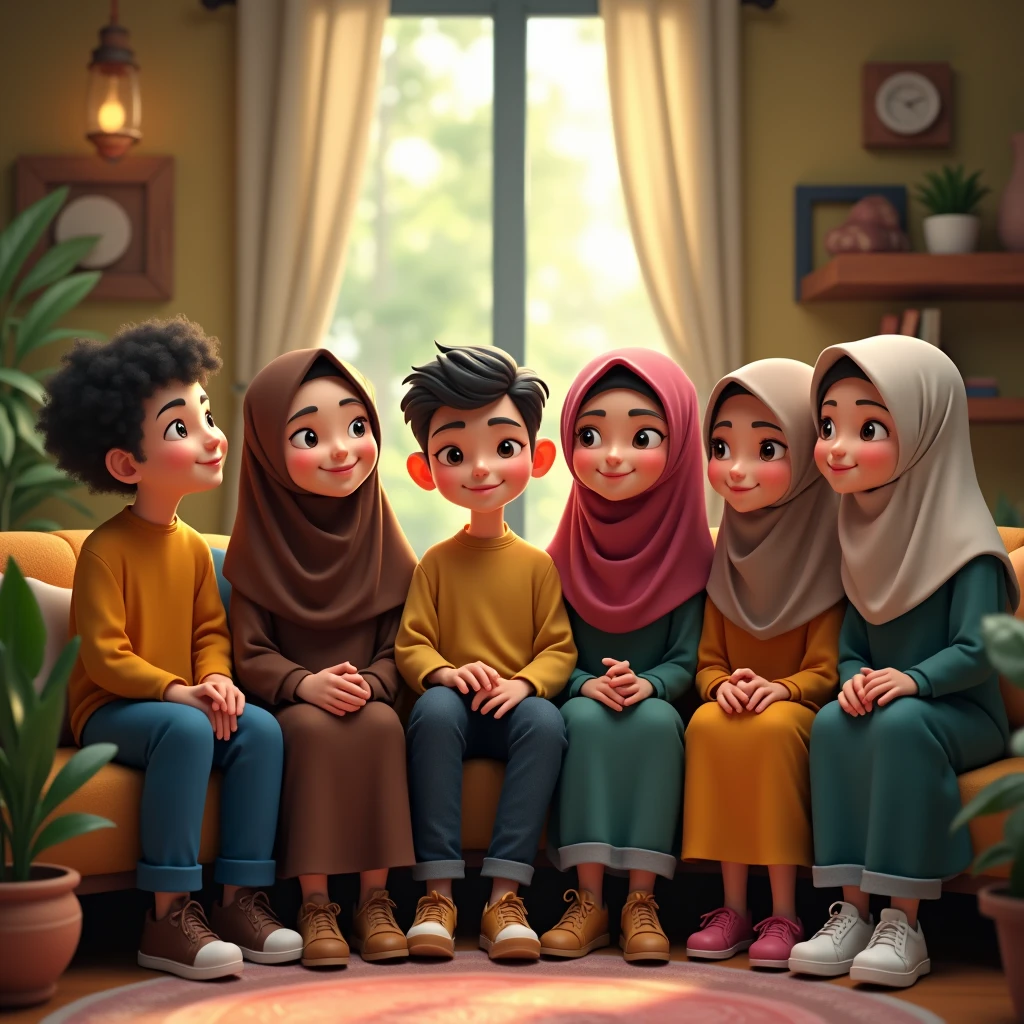 ((3 males sitting)) and ((3 hijabbed females sitting)), caricaturized, cute face, just concentrate, casual fashion, fantasy art, happy expression, extreme detail, masterpiece, cinematic lighting, 4k, indoor background