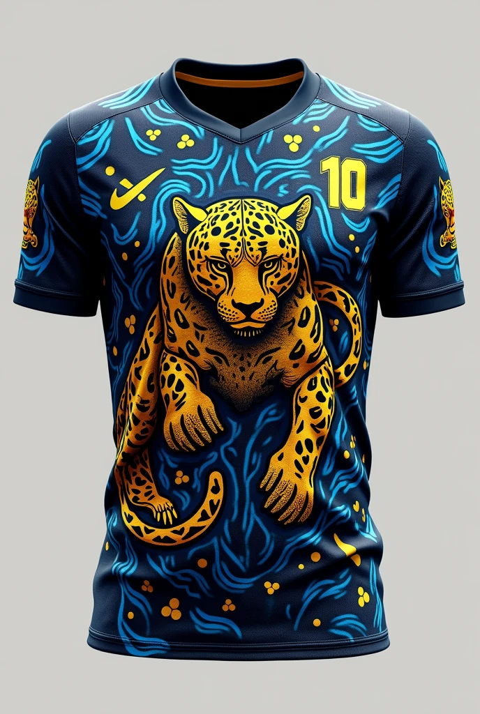 Blue and black football shirt Details :indigenous painting on the entire shirt in gold color Panther in the center of the shirt Number 10 on the upper right side
