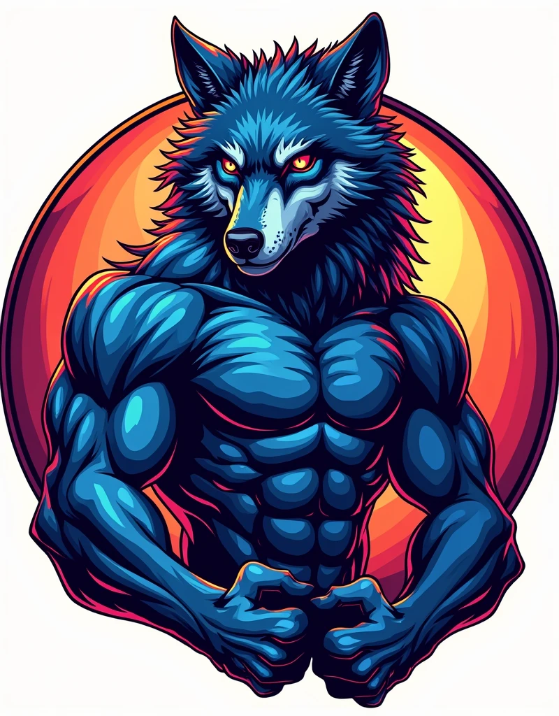 A realistic fitness wolf design svg, colourful, punchy colour, vibrant colours, puff design, printable design, in the circle,
