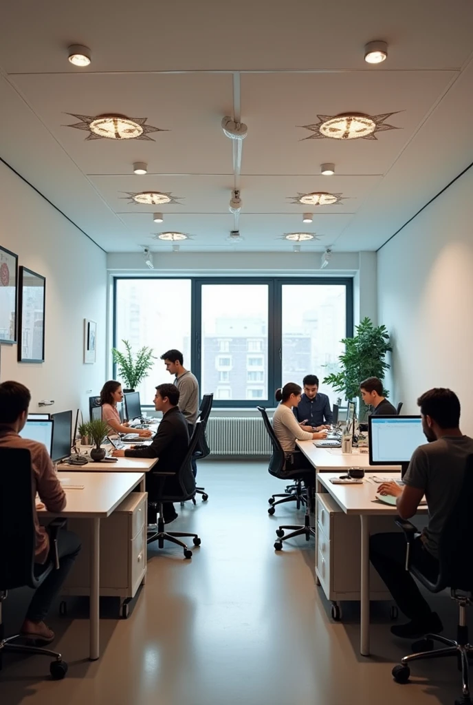 For 8 workers, each one with his desk An open office work area, open office style without windows to the outside,  Small, informal 8-seat desk with decorative artificial lighting.  The image at observer level 1.5m high the observer, Front symmetrical image, with 6 positions on each side lighting on white ceiling