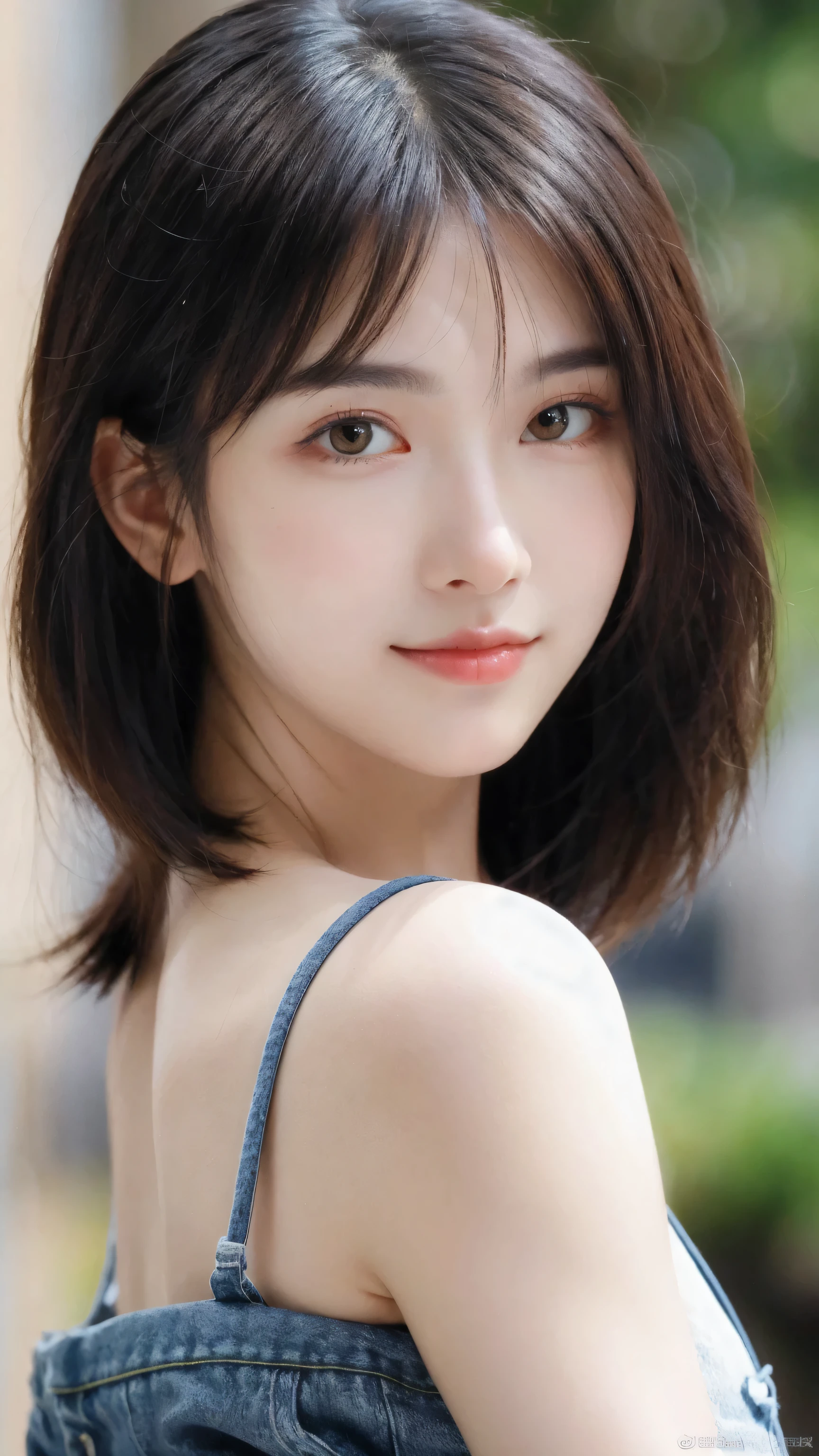 (8k, RAW Photo, Best Quality, Masterpiece:1.2), table top, Ultra Detail, Super Resolution, (Realistic, Realistic Photo:1.37), Portrait, High Detail RAW Color Photo, Professional Photo, Extremely Detailed and Beautiful, Extremely detailed, 8k wallpaper, amazing and detailed, huge file size, official art, highly detailed CG unity 8k wallpaper, highly detailed beautiful girl, highly detailed face, highly detailed eyes, highly detailed skin, highly detailed fingers, highly detailed nose, very detailed detailed mouth , perfect anatomy, highly detailed background, highly detailed clothes, 1girl, ,cute girl, realistic body, fair skin, glowing skin , slim body, handsome body, black hair , Semilong hair, (blunt bangs:1.2), smile, cute, youthful, cute face, realistic face, delicate eyes, drooping eyes, looking at viewer, (from behind), standing posture, Contraposto, dynamic lighting, (big breasts), (Perfect Body Proportions), (slender Body Proportions), tank top, jeans,