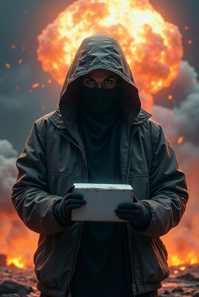 Hacker holding a washing powder while in the background the Earth is exploding.