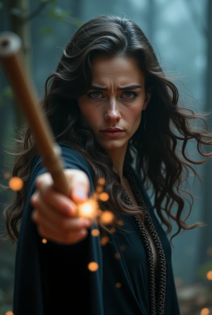 A woman with dark brown wavy hair pointing her wand to the screen and showing pain on her face