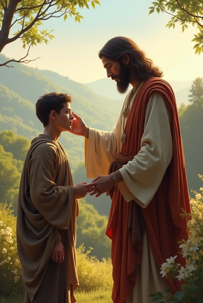 Jesus with his back turned with his hand on the young man's shoulder