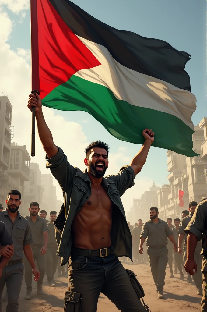 depict me a person holding a Palestinian flag with an expression of fighting for his country