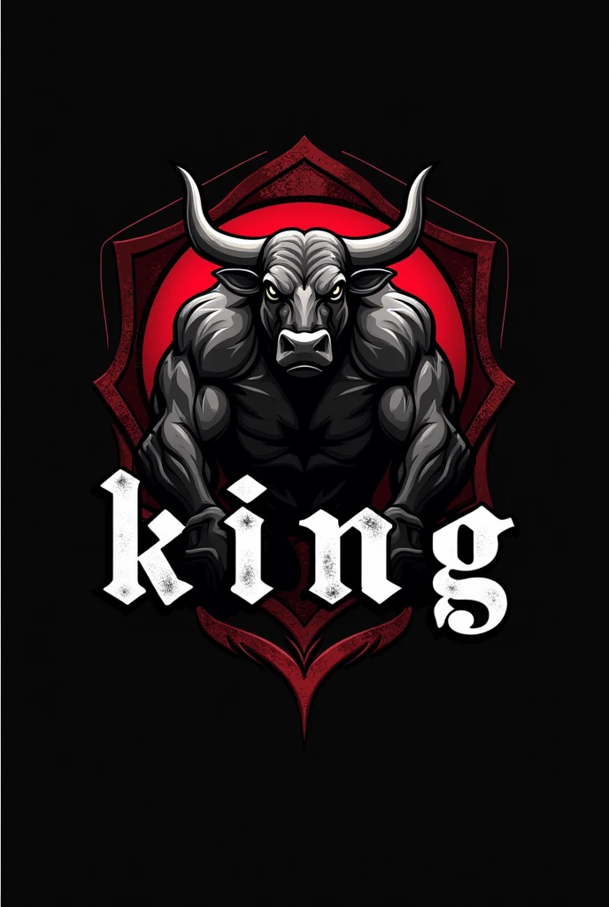 Design a powerful and dynamic logo for a brand featuring a strong, muscular bull as the central figure, symbolizing strength, power, and determination. The bull should have well-defined muscles, with a stance that conveys energy and dominance, embodying the essence of strength and leadership. Use sharp, angular lines to emphasize the bull's muscular build and add a sense of intensity. Incorporate bold, dark tones like black, deep red, or metallic gray to create a fierce and commanding presence. The logo should include the word 'KING' in a bold, modern font that complements the aggressive and regal vibe of the design