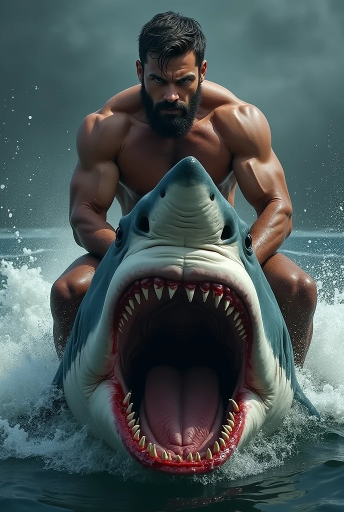Strong light-skinned man riding a tiger shark with blood and wounds, The man's face should be very clear and he should have a slightly grown beard and should be in portrait form.