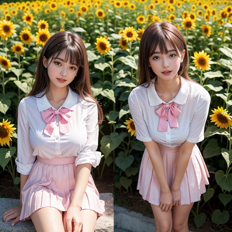 Pink short pleated skirt, In the sunflower field,Wearing a white sailor suit,white shirt,(knee shot) ,pink bow tie,Pink navy collar,1 female, On the face, laughing out loud, light brown hair, blunt bangs, hair behind ears, Shoulder-length hair, long hair, Slender body type, 超face slimming型, face slimming, delicate lips, beautiful eyes, Thin blush, Eyes are light brown,View here, (actual:1.3), One person's perspective, 8k, Super detailed, high quality, best quality, High resolution, ,Large Breasts,wear a H cup, 3,above knee shot