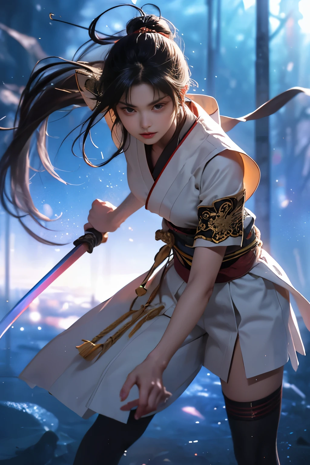 1 beautiful girl in Japanese Ninja girl Kunoichi costume, white smallest breasts:1.9, breasts chest, slim waist, purple fishnet socks, Japanese Ninja style, fictional art texture, colorful bright and realistic, RAW Photo, Realistic Photo, ultra high quality 32k surreal photo, (effective fantasy light effect:1.8), 100x pixels, magical effect (Background:1.8), ultradetailed eyes, close up shot, dynamic pose, leaning forward,Intense battle scene,Dynamic swordsmanship,Not wearing underwear,((Thin legs)),(Small waist),((Flat Chest)),(Are thin),(Swordsmanship),(Swordsman),A powerful female swordsman,((Standing straight, he swings a single strike with his Iaido sword.)),(Light clothing in summer),(A simple and old-fashioned Japanese kimono),Thin, light clothing for combat,The weapon they possess is a Japanese sword or a long spear,(A beautiful girl),(Eyes that are too beautiful),(the clothing was a plain indigo Japanese ancient battle kimono),In the midst of a fierce, back-and-forth battle against a formidable enemy,