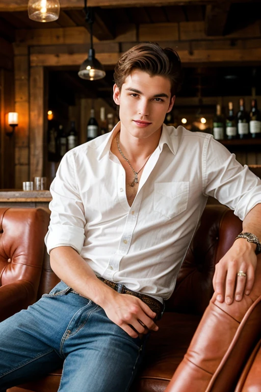 Young handsome cute white skin soft skinny beautiful in a cowboy bar sitting on armchair with two handsome men beside him