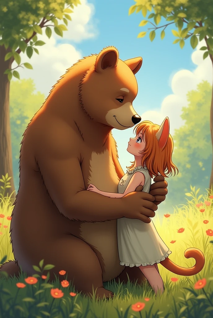 Create a photo of me and my girl, she is like a kitten for me, because she is very beautiful and kind, for she i am like a bear, for been tall and very sweet with her, do the art knowing that, make her and me together and do a art romantic, whit the represantion of the animal from both. Do a art more like a anime and realistic