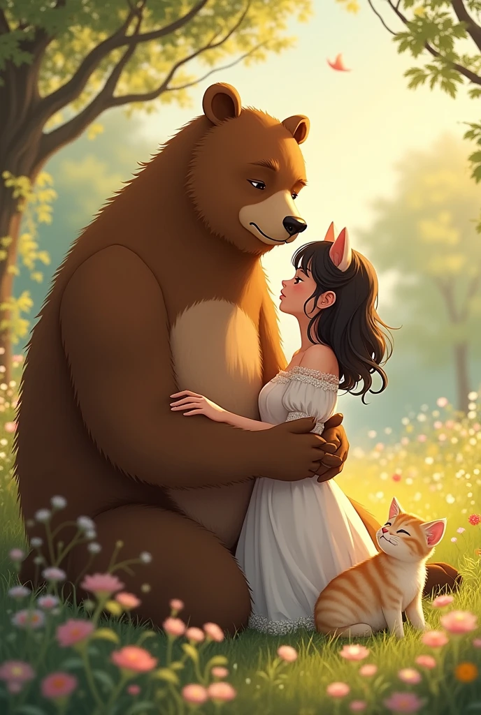 Create a photo of me and my girl, she is like a kitten for me, because she is very beautiful and kind, for she i am like a bear, for been tall and very sweet with her, do the art knowing that, make her and me together and do a art romantic, whit the represantion of the animal from both. Do a art more like a anime and realistic