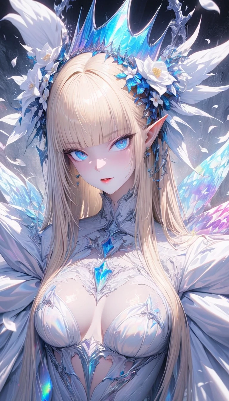 fantasy world that combines flower-punk and gem-punk, beauty elf, blonde silky straight hair with blunt bang, (attractive and seductive) and (amorous and lewd) expression, blue big eyes, glamorous proportions, wearing white knight commander costume with a large opening at the chest, crown made of small white flowers, background iridescent Tiffany Blue, distorted space from another dimension, conceptual installation art, (ultra detailed, absolutely resolution, best quality:1.3), 2.5D, delicate and dynamic effects, foggy filter effects, iridescent glitter effects, artistic, hyper, graphic CG digital fantasy art