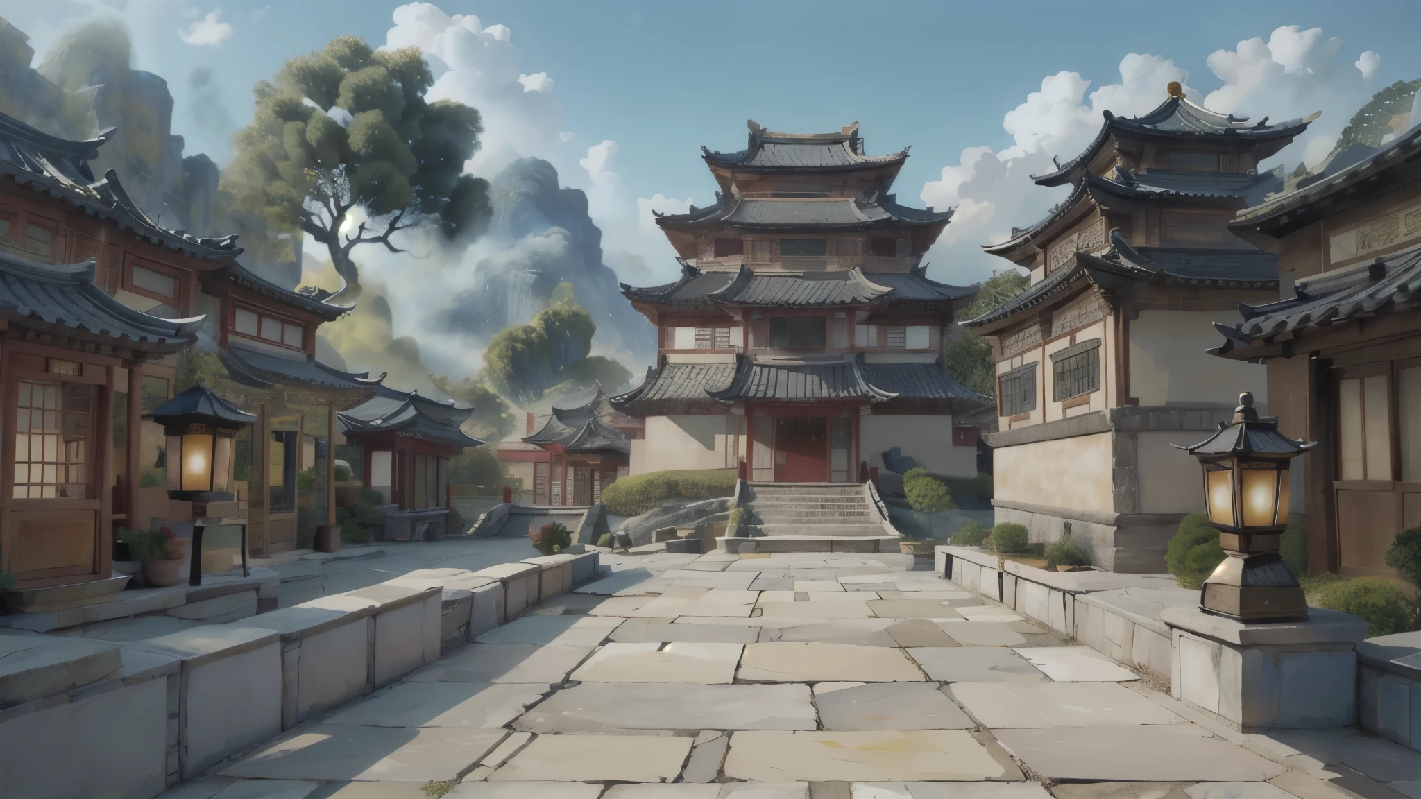 中国Ink画, masterpiece , best quality, Ink画,Guo Chao,Ink,(Xianxia scene,Fantasy fairyland scene,Pavilions,architecture具有东南亚特色,cloud雾缭绕:1.5),outdoor,Sky,daytime,cloud,Tree,Blue sky,nobody,window,plant,architecture,landscape,lantern,stairs,Potted plants,architecture,东亚architecture,landscape