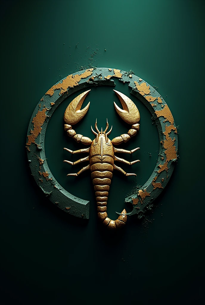 a detailed scorpio zodiac sign logo in rounded shape, knives, dark green color, spy theme, scratched details, modern, photo-realistic, 8k, high quality, digital art, concept art