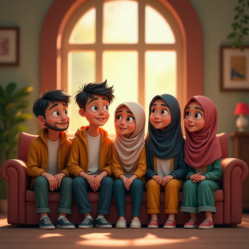 ((3 males sitting)) and ((3 hijabbed females sitting)), caricaturized, cute face, just concentrate, casual fashion, fantasy art, happy expression, extreme detail, masterpiece, cinematic lighting, 4k, indoor background