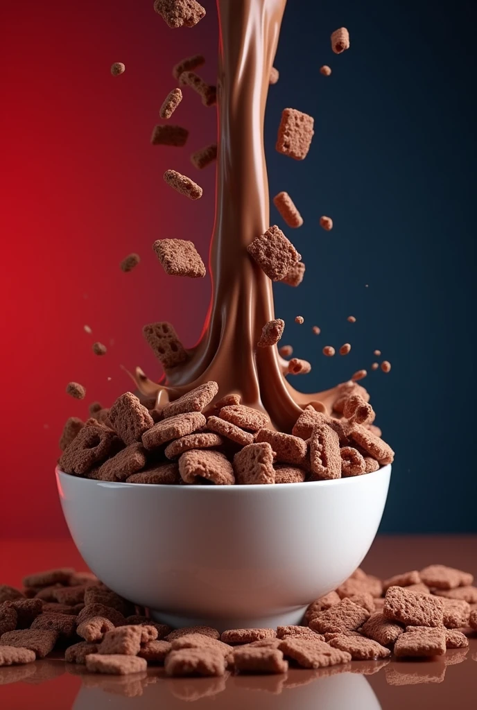 It shows a crunchy cereal of chocolate flakes combined with milk falling into a bowl on a red and dark blue background:0.8