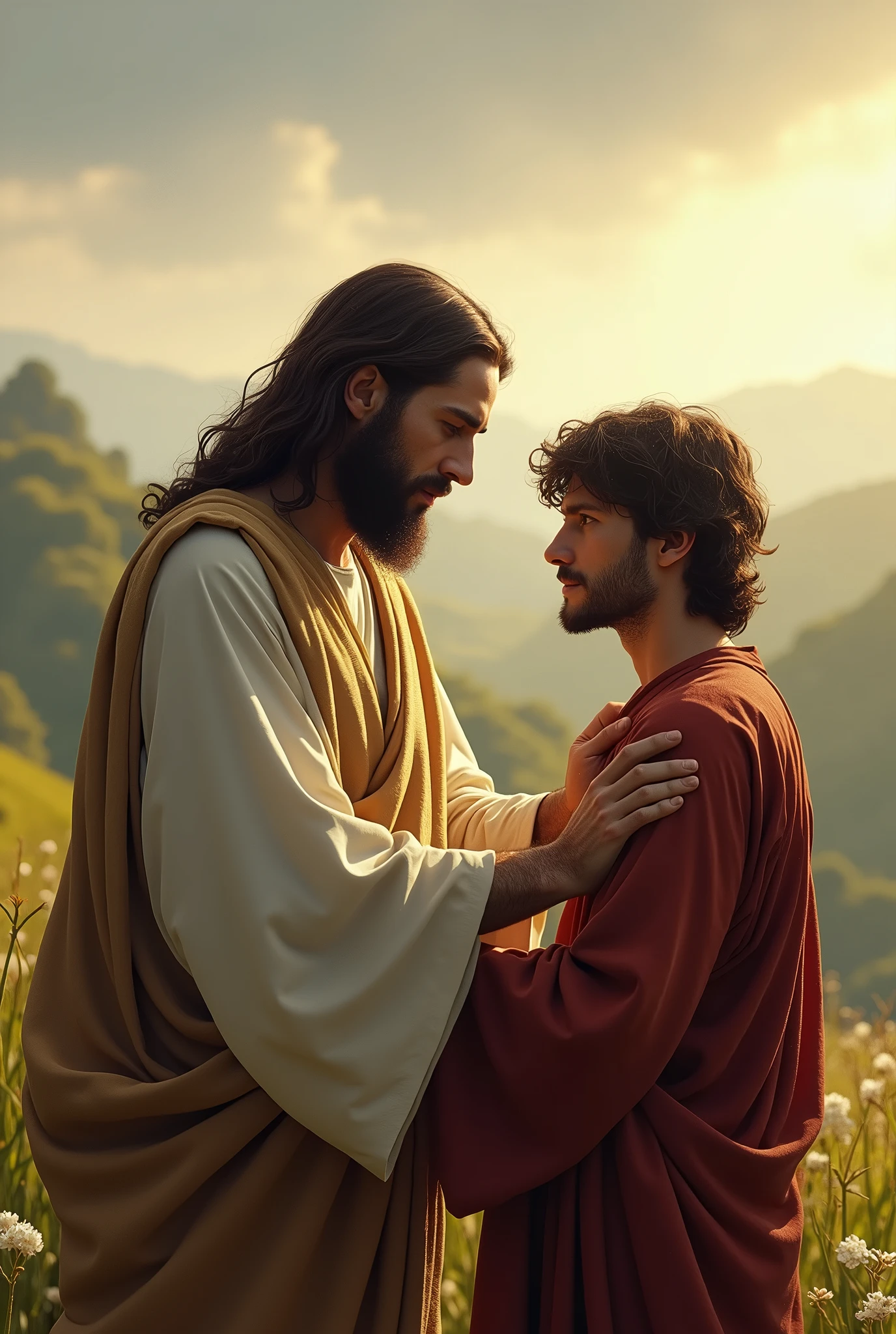 Jesus with his back turned with his hand on the young man&#39;s shoulder