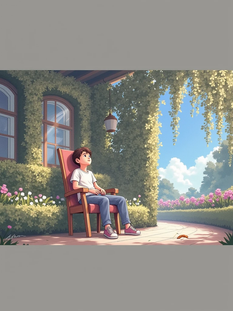 Boy sitting on chair in garden