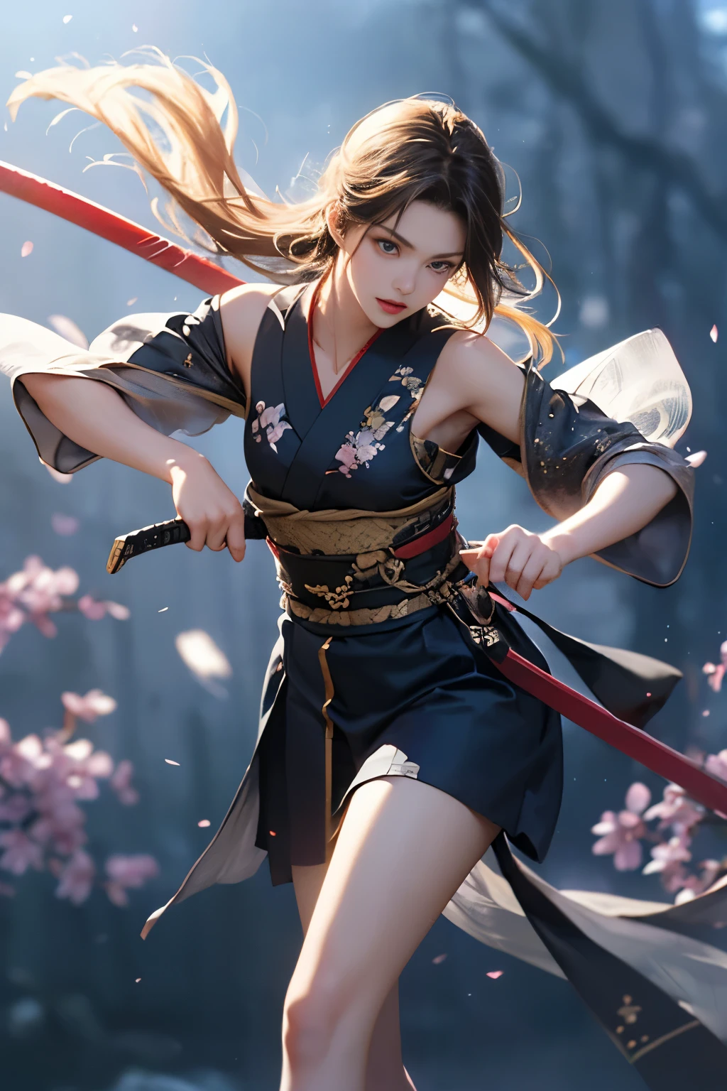 1 beautiful girl in Japanese Ninja girl Kunoichi costume, white smallest breasts:1.9, breasts chest, slim waist, purple fishnet socks, Japanese Ninja style, fictional art texture, colorful bright and realistic, RAW Photo, Realistic Photo, ultra high quality 32k surreal photo, (effective fantasy light effect:1.8), 100x pixels, magical effect (Background:1.8), ultradetailed eyes, close up shot, dynamic pose, leaning forward,Intense battle scene,Dynamic swordsmanship,Not wearing underwear,((Thin legs)),(Small waist),((Flat Chest)),(Are thin),(Swordsmanship),(Swordsman),A powerful female swordsman,((Standing straight, he swings a single strike with his Iaido sword.)),(Light clothing in summer),(A simple and old-fashioned Japanese kimono),Thin, light clothing for combat,The weapon they possess is a Japanese sword or a long spear,(A beautiful girl),(Eyes that are too beautiful),(the clothing was a plain indigo Japanese ancient battle kimono),In the midst of a fierce, back-and-forth battle against a formidable enemy,