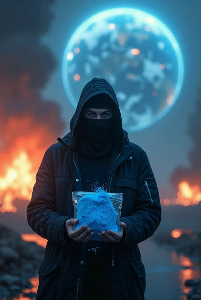 Hacker holding a blue soap powder while in the background the Earth is exploding.