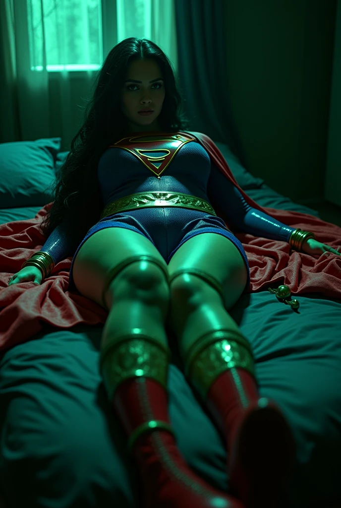 LAYING HELPLESSLY ON ON HER BED, IN A PITCH BLACK ROOM A BONDAGE SCENE WHERE A HOT SUPERGIRL WITH LONG BLACK HAIR WEARING HER ICONIC SUPERGIRL OUTFIT AND CAPE, HER HANDS AND FEET TIED UP TOGETHER WITH GLOWING GREEN KRYPTONITE ROPE. INCREDIBLE DETAILS, HYPER DETAILED IN 8K RESOLUTION