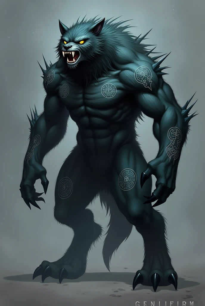 "Create an image of a powerful monster known as the Dreamhowler. This monster is a hybrid between a human and a wolf, standing about 2.5 meters tall. The head of the monster should resemble a fierce wolf, with glowing yellow eyes and sharp teeth. The body is muscular and covered with thick, dark fur, which may have intricate patterns, increasing the energy radiating from both the left and right sides of the back. The monster may have intricate magical symbols on its skin, such as intricate circles. The monster should emit an aura of fear and grandeur, reflecting the control of nightmares and dreams."